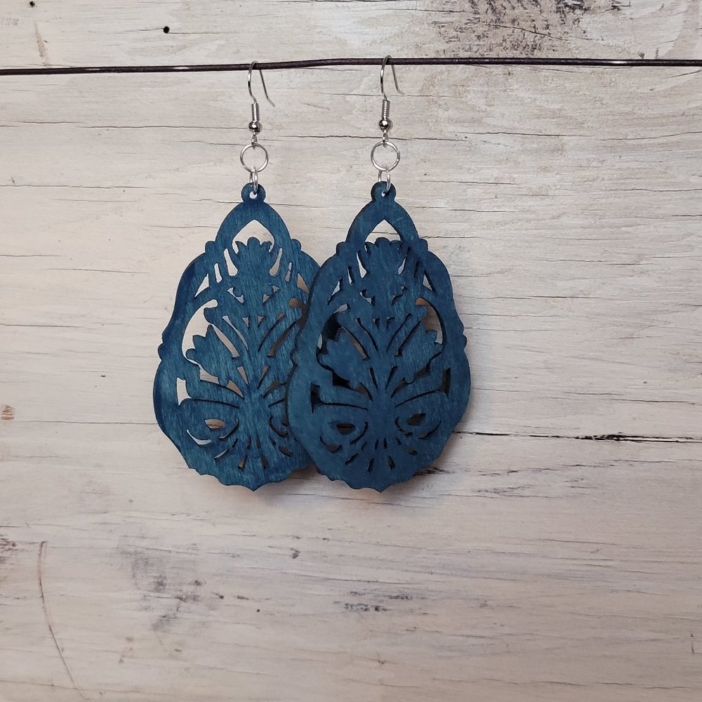 Wood Earrings - Teal Ornate Teardrop